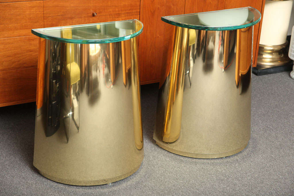 American Sleek Modern Brass Demi-lune Console Tables