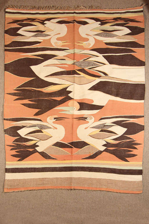 Old Korean spun dyed cotton floor carpet. Woven in the manner of Chinese Kossu textiles. The image mirrored on both sides of Cranes in flight, symbols of a wish for long life.