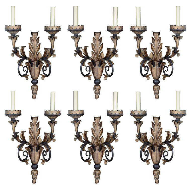 Set of six Parcel and polychromed gilt sconces by E.F. CALDWELL For Sale