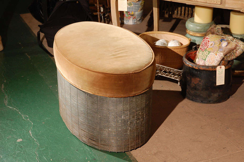 Mid-20th Century Thin Spun Wire Oval Ottoman with Upholstered Top