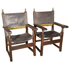 Pair of Spanish Armchairs of Walnut and Leather