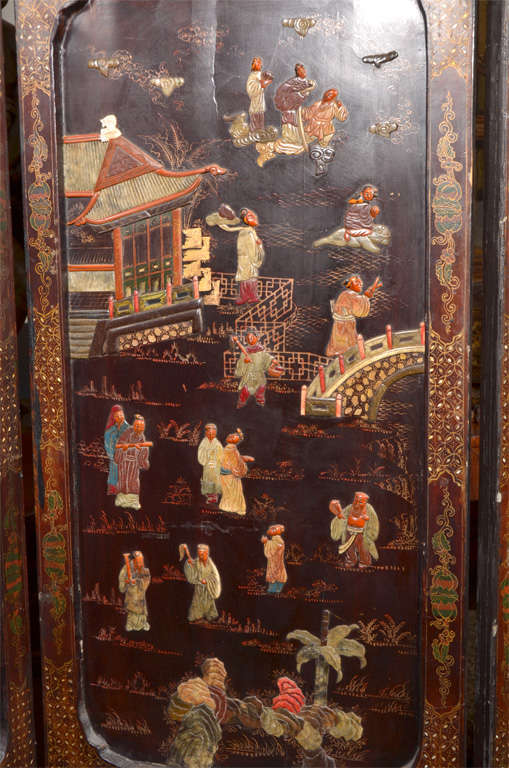 Wood Chinese Four Panel Screen
