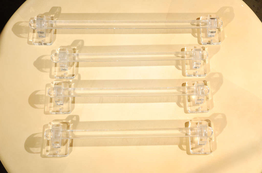 Set of four Lucite towel bars in like-new condition.
Visit the Paul Marra storefront to see more furnishings and lighting including 21st Century.