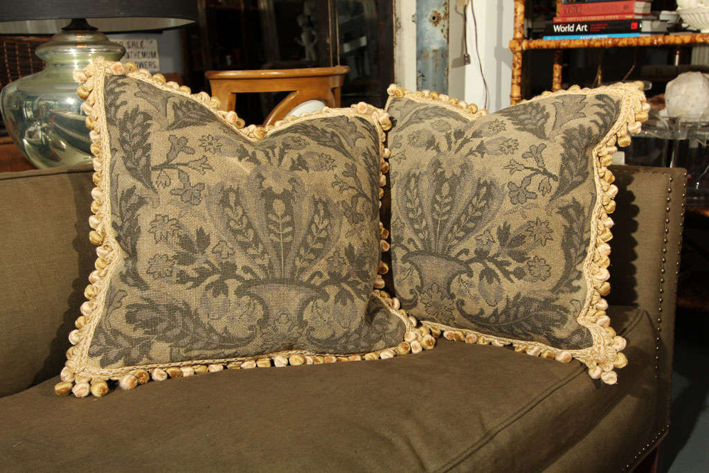 pair english tapestry pillows in greys, loden and taupe. Backed in cotton velvet, down inserts