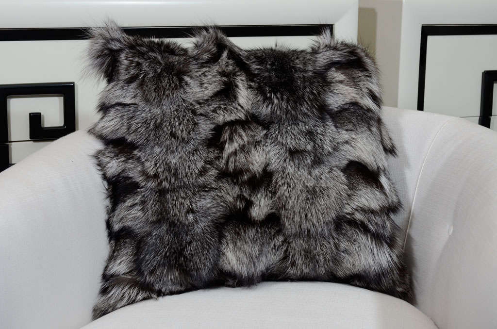 Custom made genuine silver fox pillow with black cashmere backing