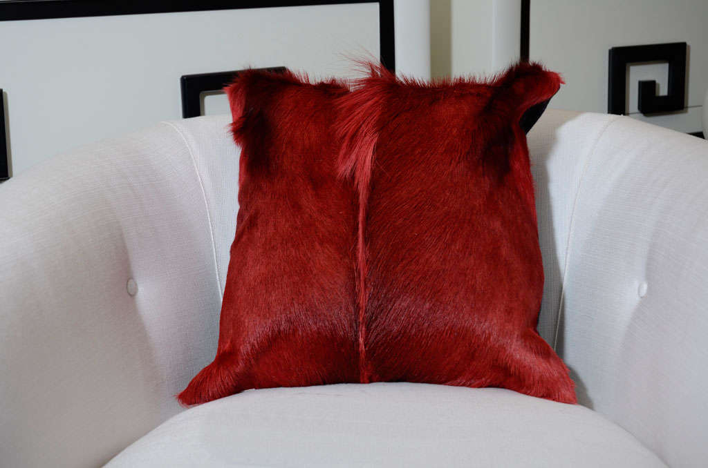 Dyed red springbok pillows with black cashmere backing