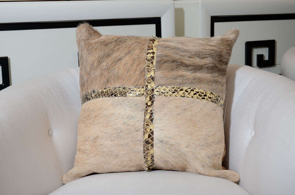 Custom Brindle Cowhide Pillow with Python Trim In Excellent Condition In New York, NY