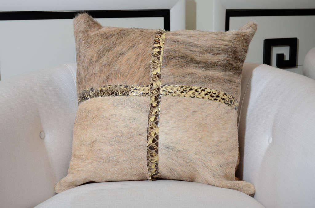 Brindle cowhide pillow with genuine natural python trim