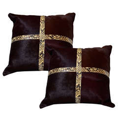 Custom Chocolate Cowhide Pillow with Python Trim