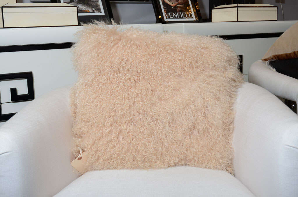 Custom Champagne Mongolian Lamb Pillow In Excellent Condition In New York, NY