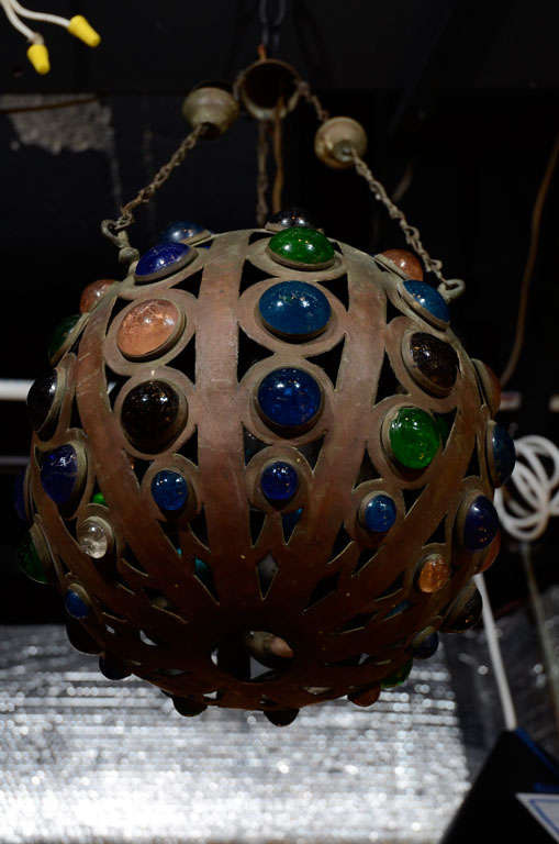 Metal Vintage Moroccan Jeweled Brass Light Fixture