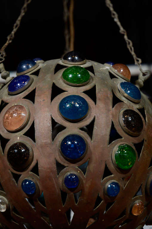 Vintage Moroccan Jeweled Brass Light Fixture 2