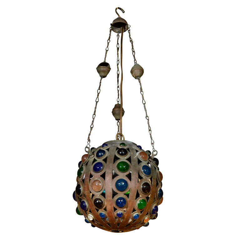Vintage Moroccan Jeweled Brass Light Fixture