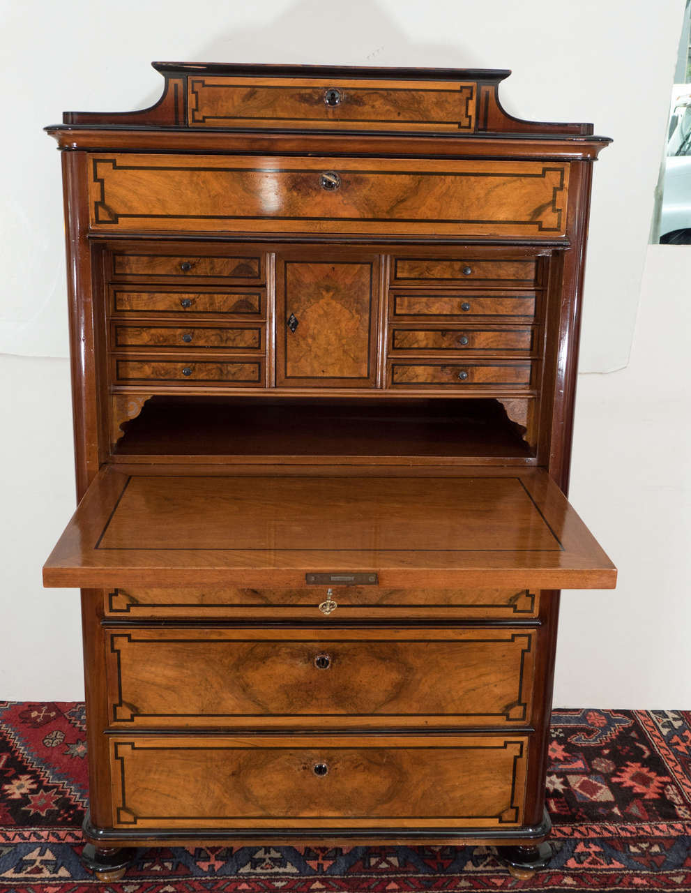 French Walnut and Ebonized Birch Renaissance Revival Secretaire 2