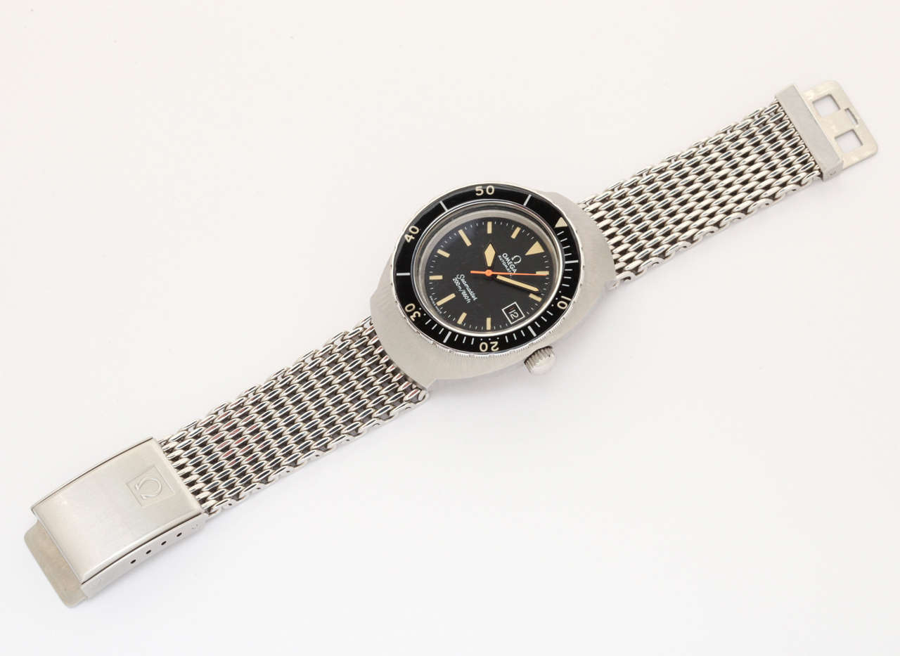 A fantastic example of a stainless steel Omega Seamster diving watch from the late 1960s. This line of watches was launched in 1969, and this particular model is from the first year the model was launched. It features a quick-set date and the patina
