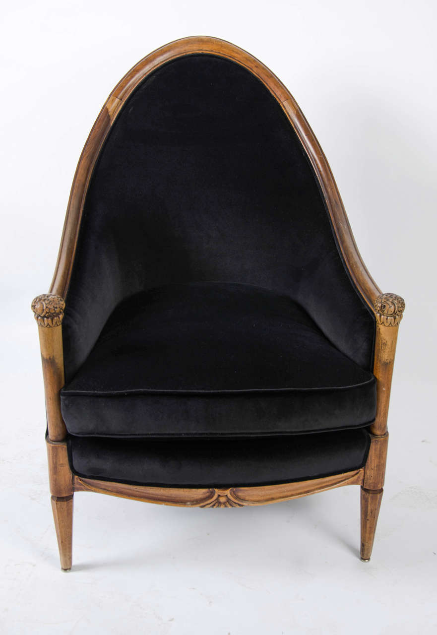 Maurice Dufrene armchair Art Deco France 1920's upholstered in black velvet with a carved walnut frame