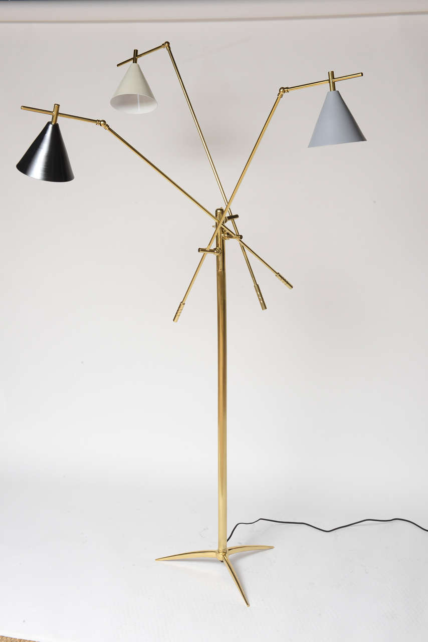 Just beautiful, this brass base and arm floor lamp with three cone diffusers/lights can be adjusted and positioned in several ways.