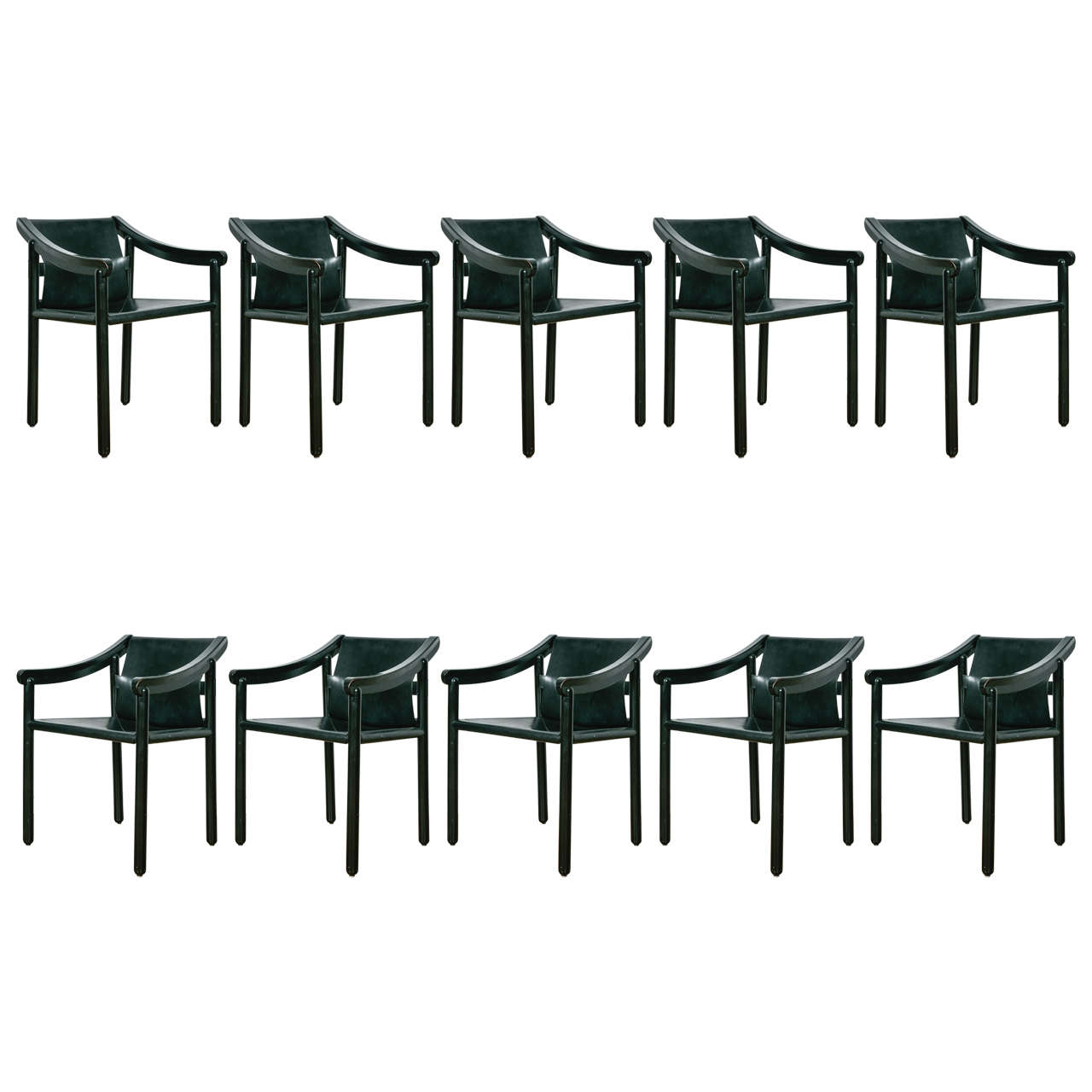 Set of Ten Stained Wood and Black Leather Dining Armchairs, circa 1980