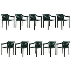 Set of Ten Stained Wood and Black Leather Dining Armchairs, circa 1980