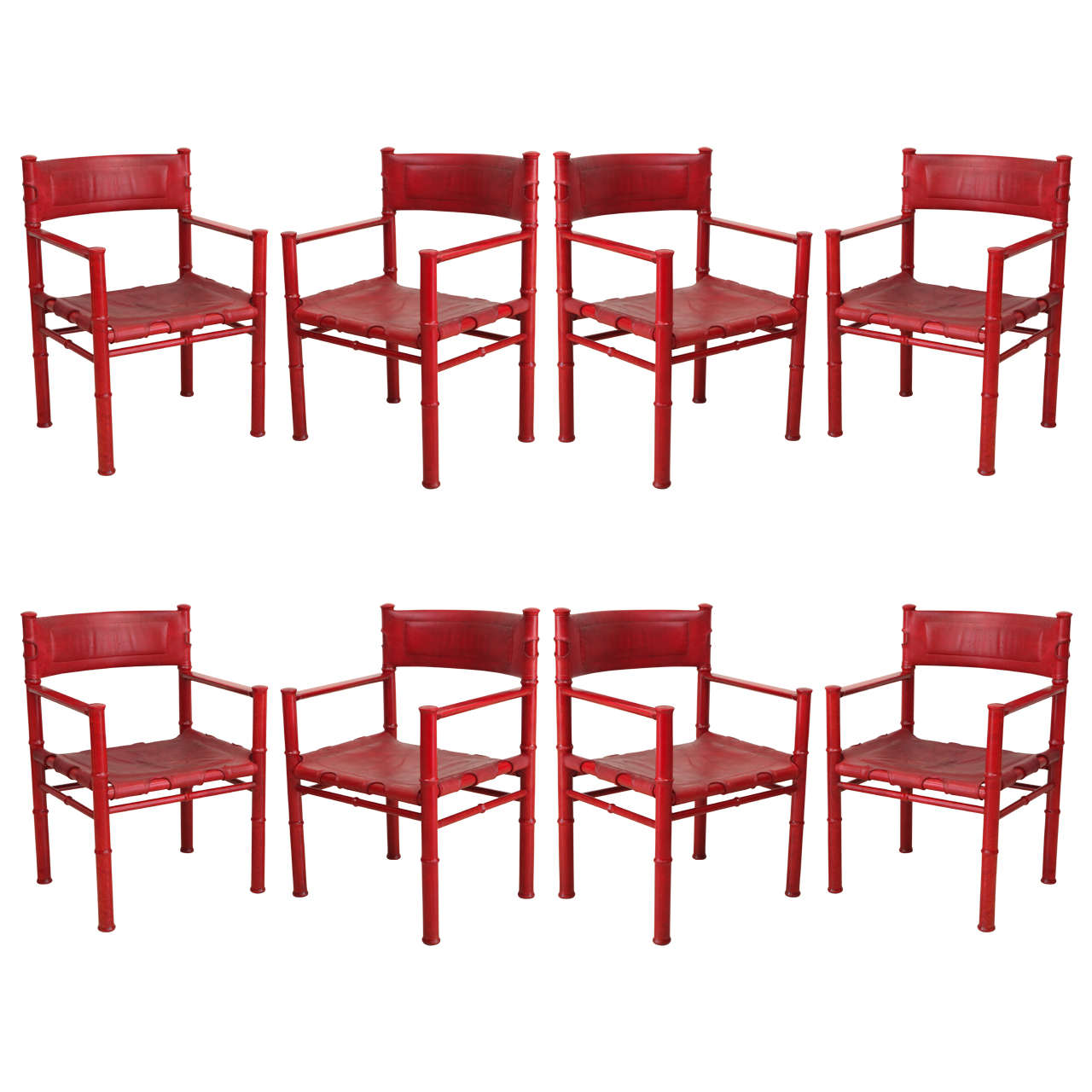 Set of Six Red Leather Armchairs by Asko