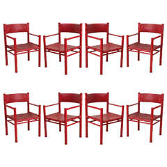 Set of Six Red Leather Armchairs by Asko