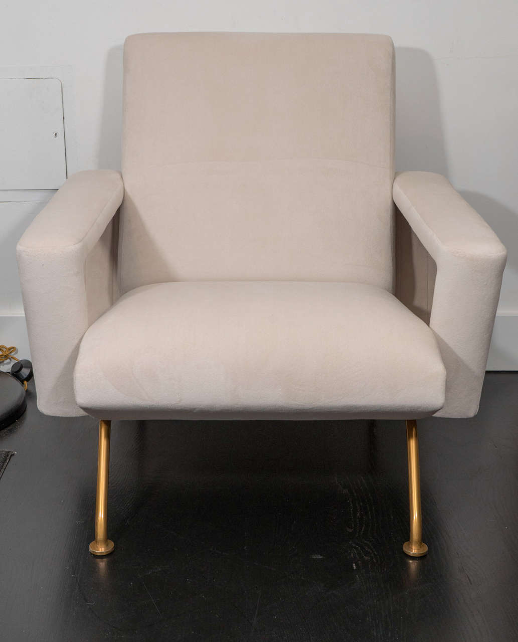 Pair of vintage French open armed chairs with brass legs. Beautiful scale and proportions. Seat H 14