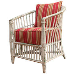 Vintage Rattan Chair with French Canvas Upholstery.