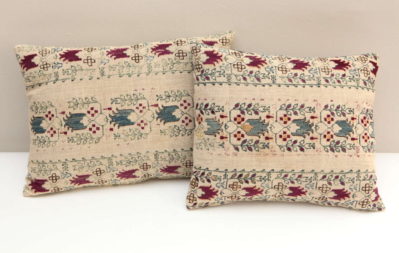 Needlepoint embroidery hand woven linen pillows.  Greek Island.  Natural linen backs, invisible zipper closures, feather and down fill.   Priced individually at