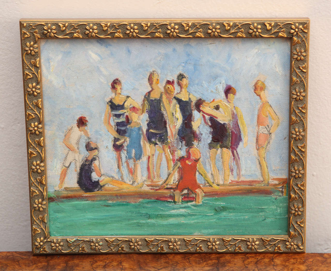 Charming small painting of swimmers on a raft.  Rachel Hartley (1884-1955) was a New York  painter who studied and taught at the Art Students League.  Her father was sculptor Jonathan Hartley and her grandfather was noted painter George Inness. 