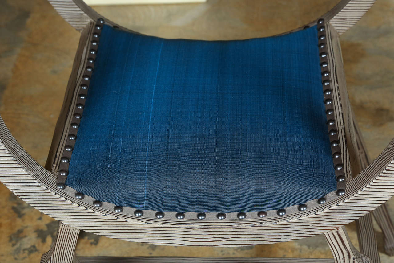 Organic Modern Paul Marra Distressed Fir Bench in Blue Horsehair For Sale