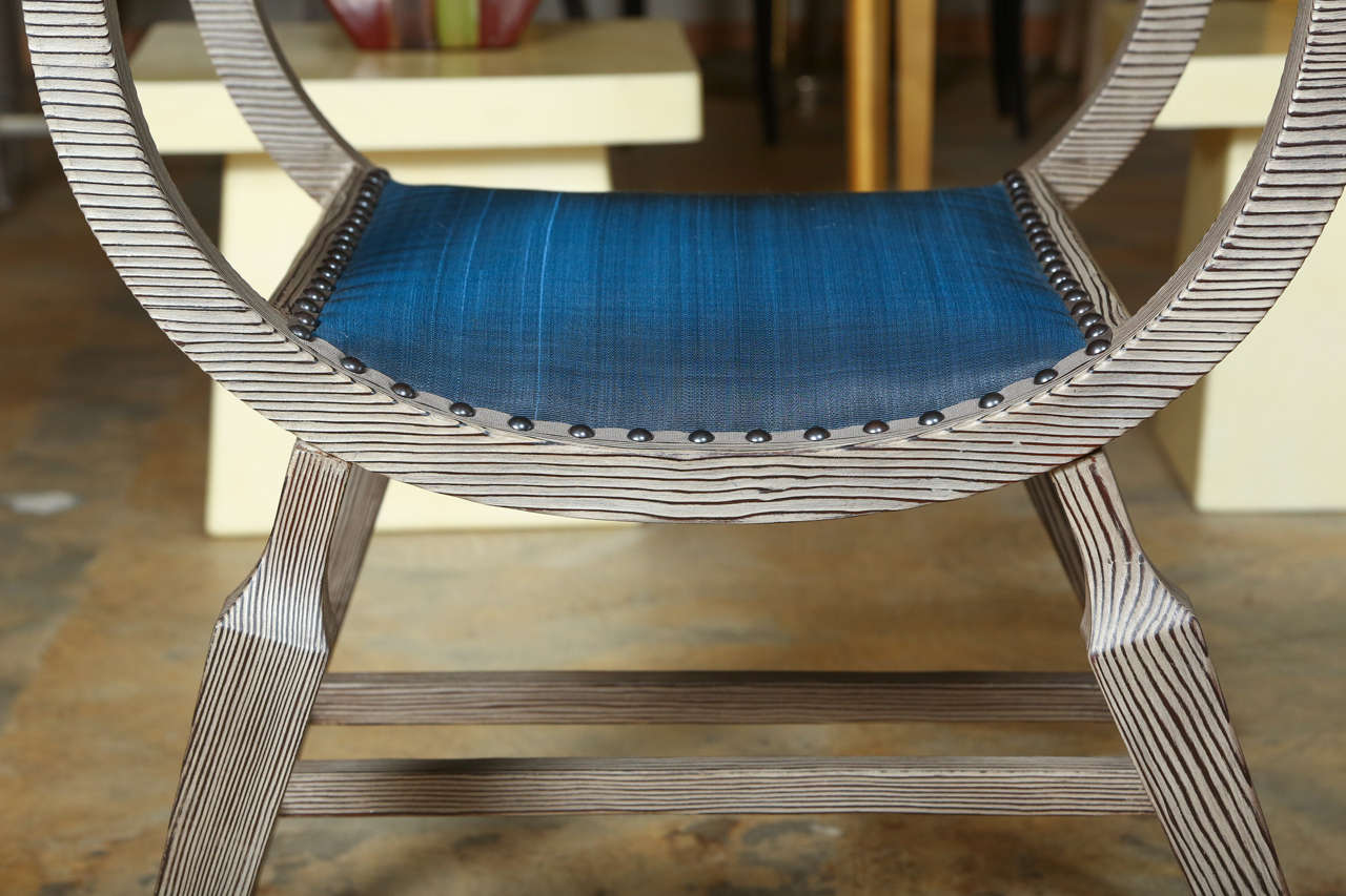 Contemporary Paul Marra Distressed Fir Bench in Blue Horsehair For Sale