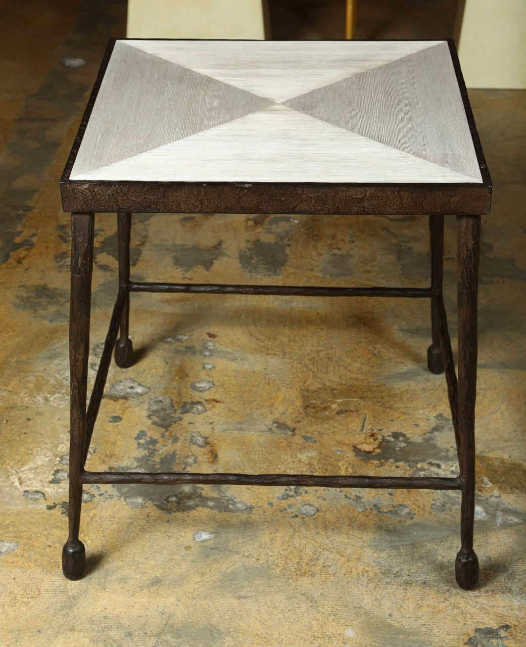 Modern, rustic, organic modern iron and douglas fir inset side table. By order. Also available to order with other top inset material.
