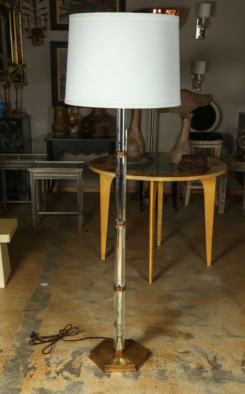 Paul Marra brass and beveled mirror floor lamp. Based on a rare brass and beveled mirror floor lamp (shown in main image and since sold), there is one remaining reproduction from limited production, see other photos. Shade available at extra cost.