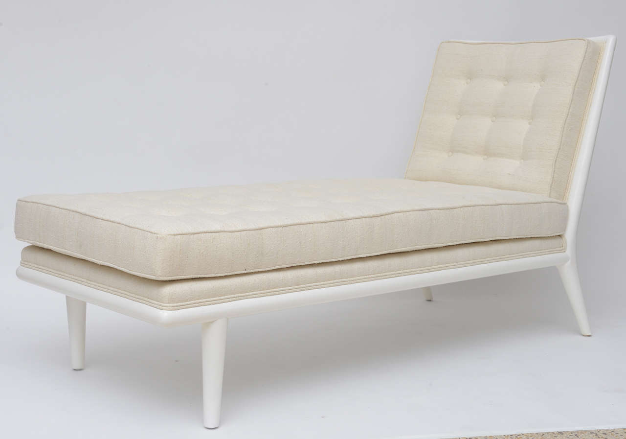 Widdicomb chaise longue designed by T. H. Robsjohn-Gibbings. White lacquer re-upholstered in a nubby, cream raw silk. So glamorous!