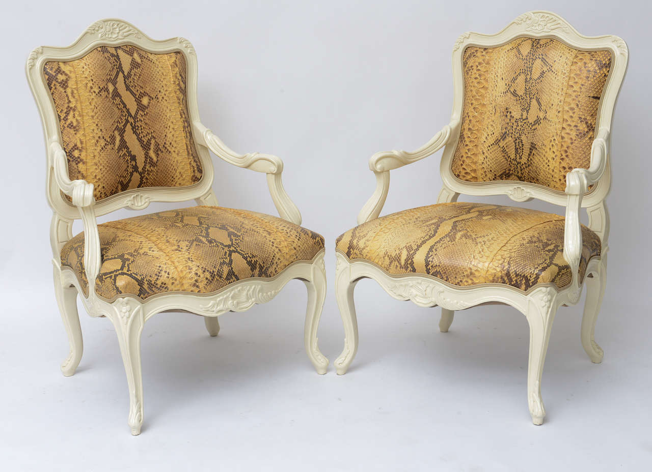 American Lacquered Louis XV Style Chairs in Genuine Python