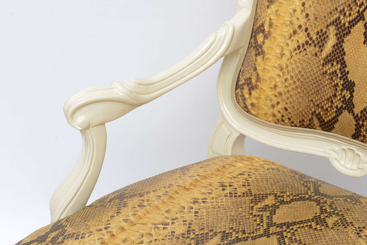 Late 20th Century Lacquered Louis XV Style Chairs in Genuine Python