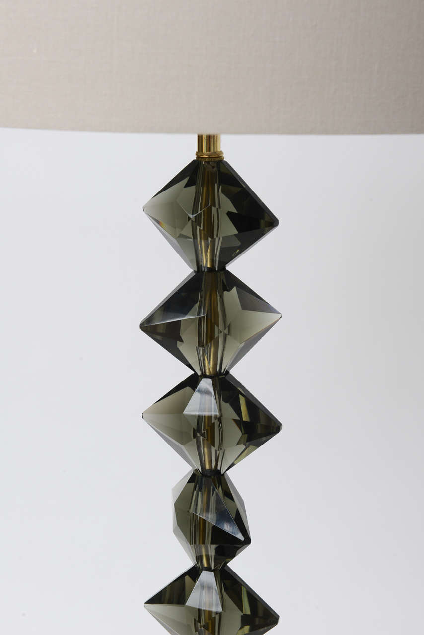 Hollywood Regency Pair of Faceted Smoked Crystal Lamps