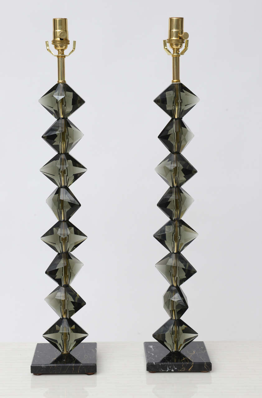 Italian Pair of Faceted Smoked Crystal Lamps