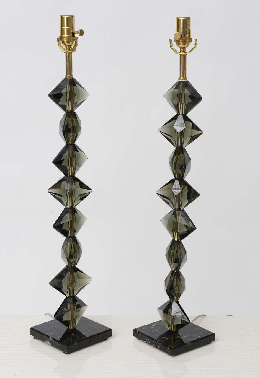 Mid-20th Century Pair of Faceted Smoked Crystal Lamps
