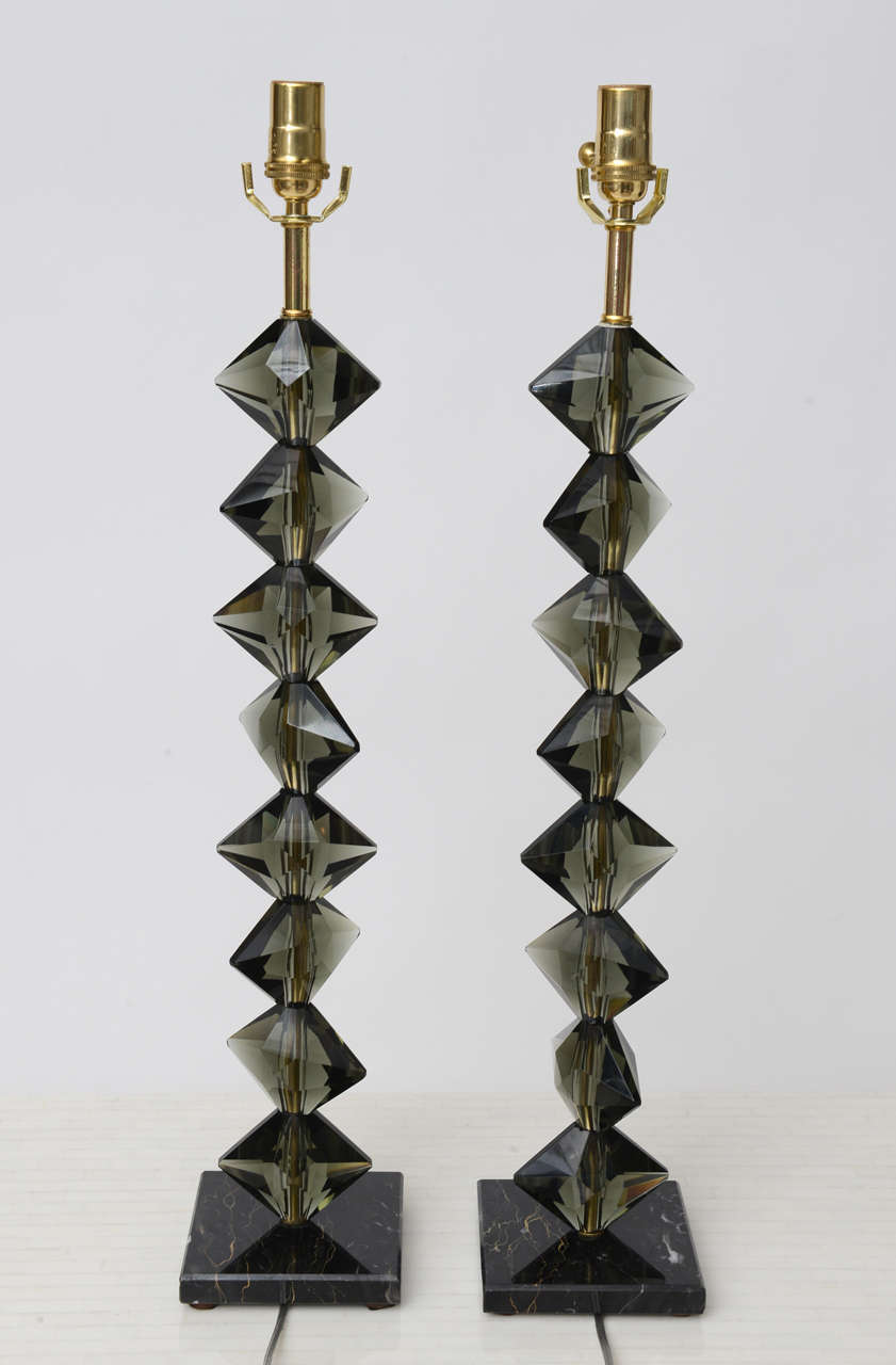 Pair of Faceted Smoked Crystal Lamps 1