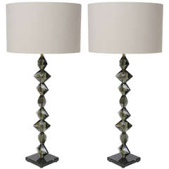 Pair of Faceted Smoked Crystal Lamps