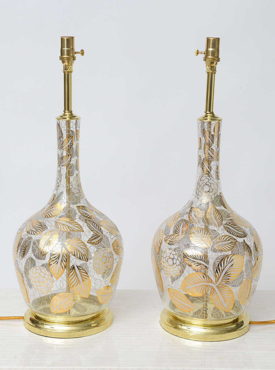 Brass Pair of Midcentury Painted Glass Lamps