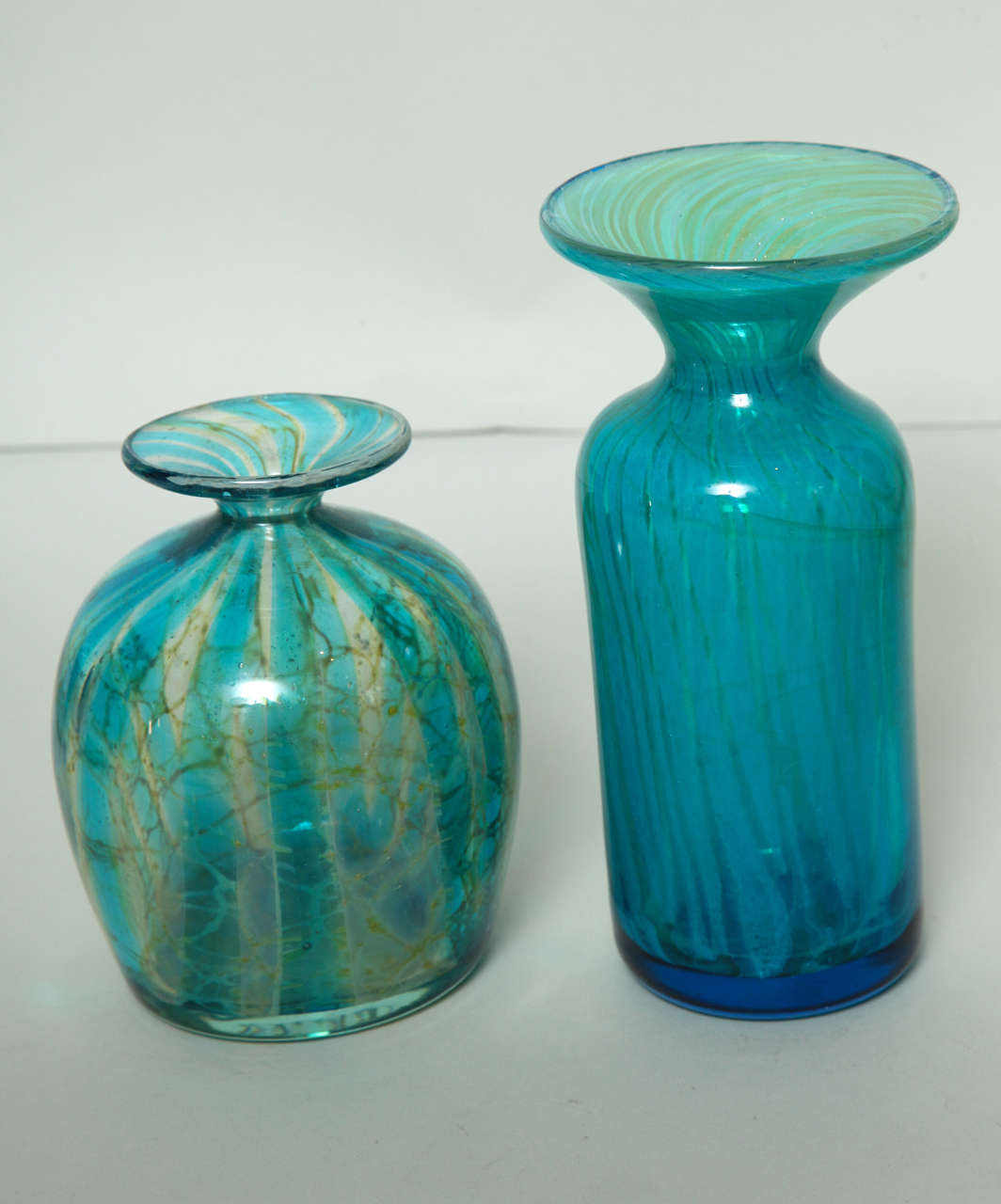 Modern Collection of Blue and Green Studio Glass Vases For Sale