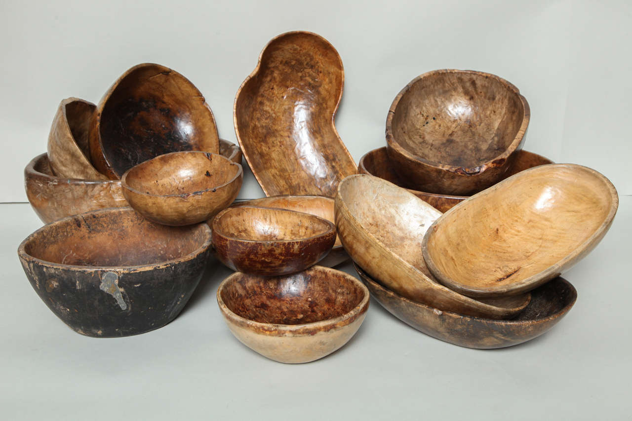 Fine assortment of 18th and 19th Century Swedish burl bowls, all with great patina, many with traces of original paint and all of organic form, many unusual shapes and sizes, the largest 15