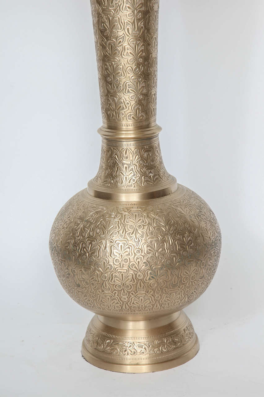 Mid-Century Modern Pair of Engraved Brass Lamps