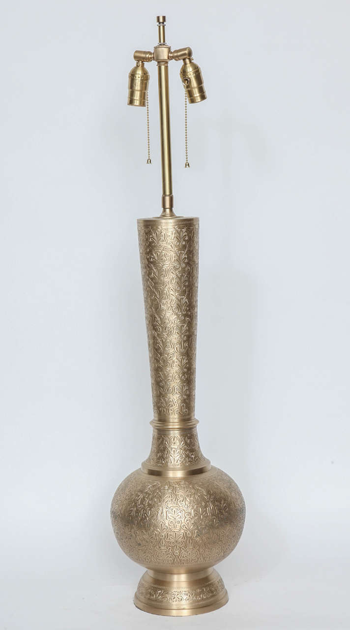 20th Century Pair of Engraved Brass Lamps