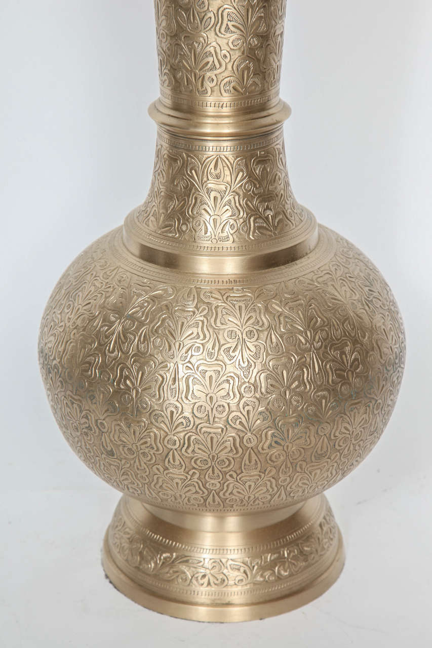 Pair of Engraved Brass Lamps 2