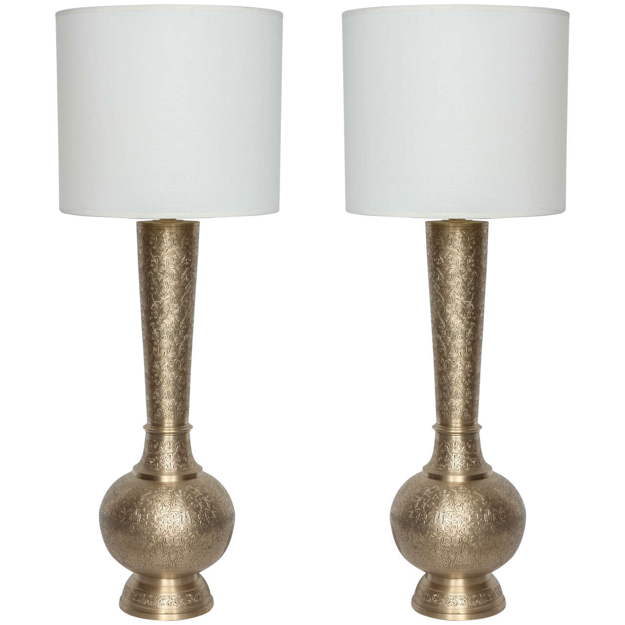 Pair of Engraved Brass Lamps