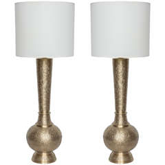 Pair of Engraved Brass Lamps