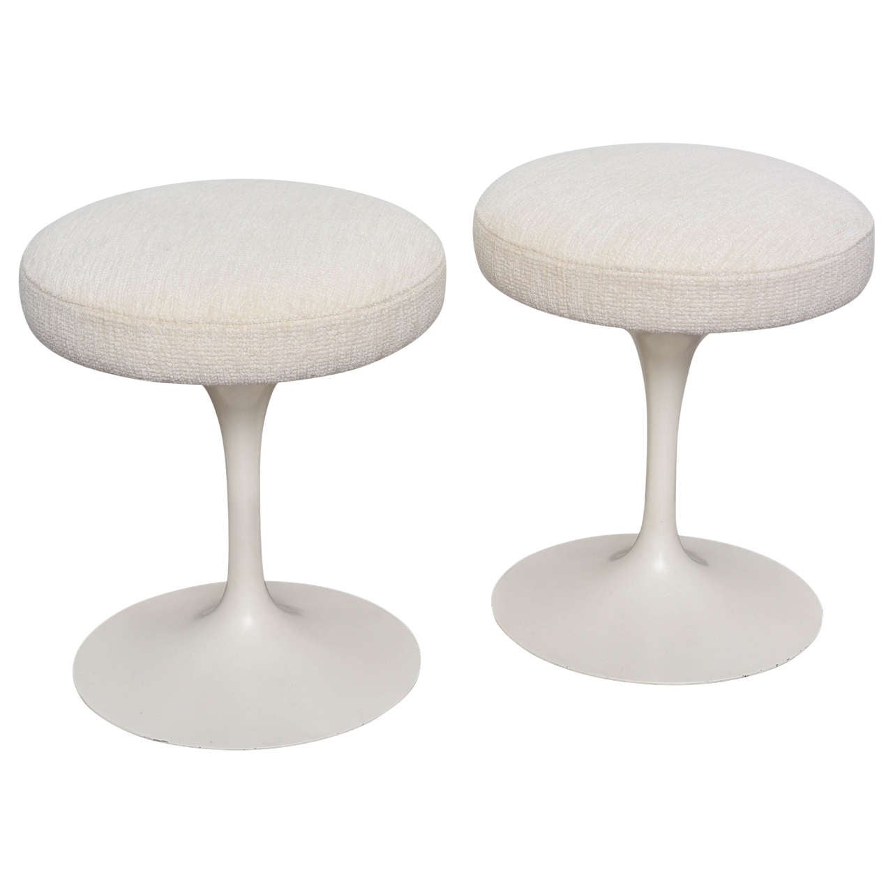 Chic Pair of Saarinen Tulip Stools in Bone Chenille